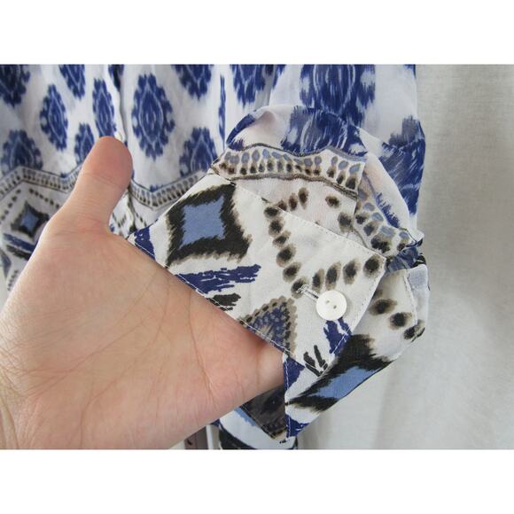 Chico's Size 2 Large Semi Sheer Blue and White Geometric Button Down Blouse - Picture 4 of 6